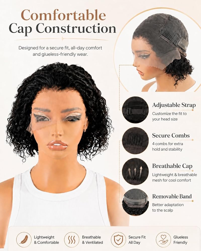 13x6 HD Lace Front Curly Bob Wig - 8 Inch Short Human Hair, Glueless, 180 Density (Variation: 13x6 Curly Bob Wig Human Hair+8 In)