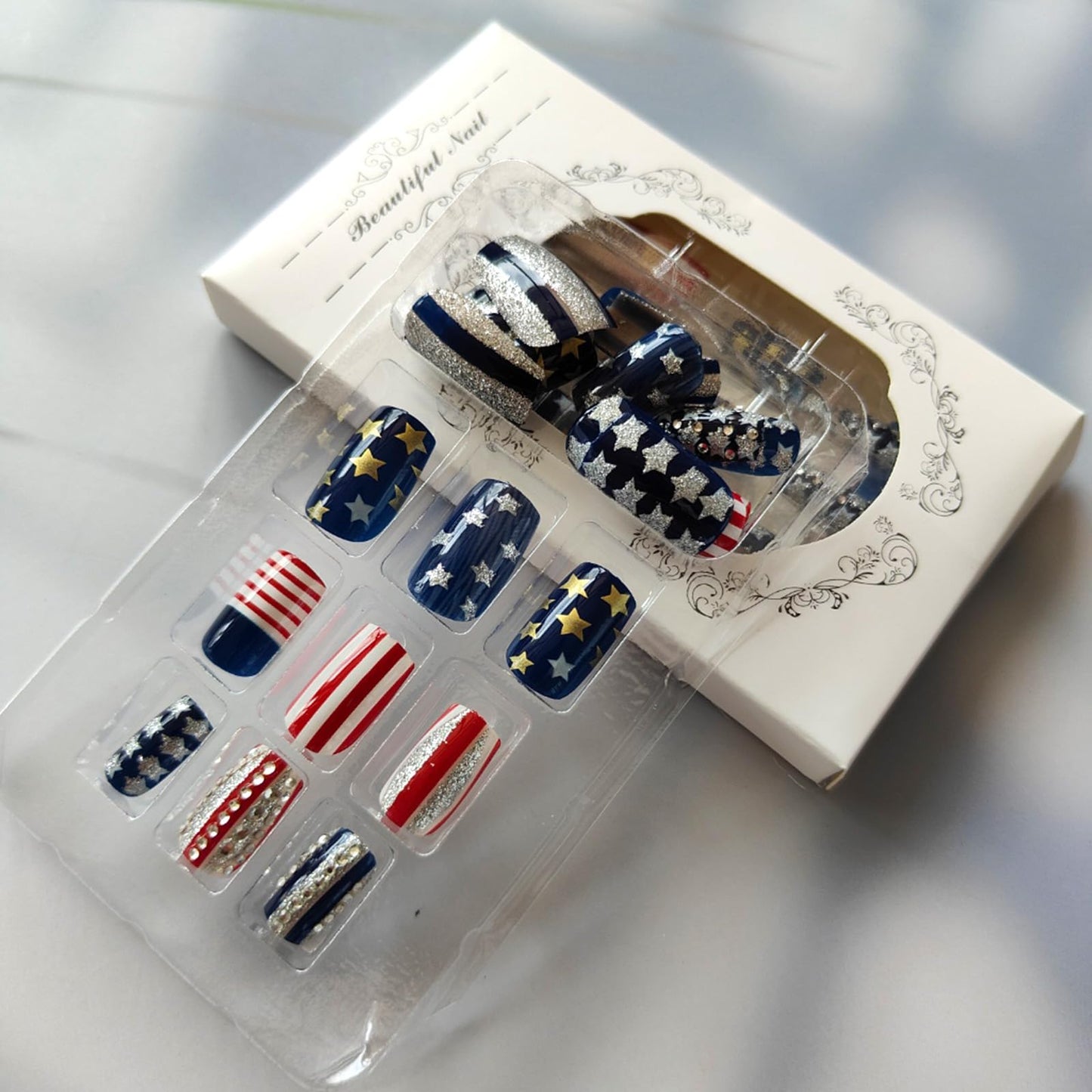 24Pcs Royal Blue Press on Nails Independence Day Medium Square Fake Nails 4th of July Stick on Fingernails Glossy American Flag Star Acrylic False Nails Fourth of July Glue on Nail for Women