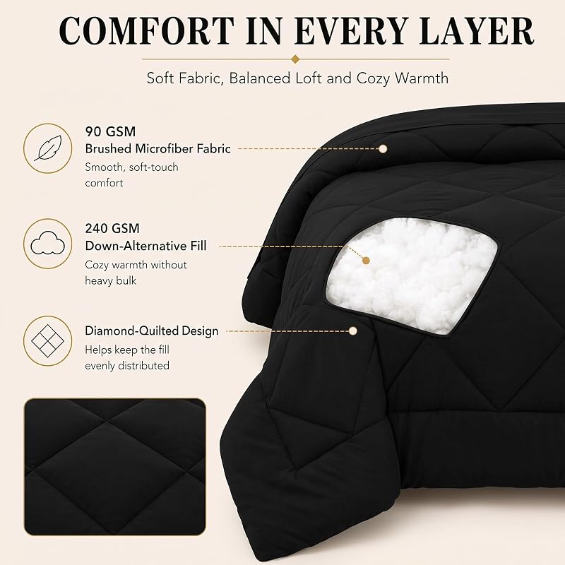 King Comforter Set 102x90 Black - 7 Piece Bedding Set, CozyLux - Variation: Black+King(102x90)
