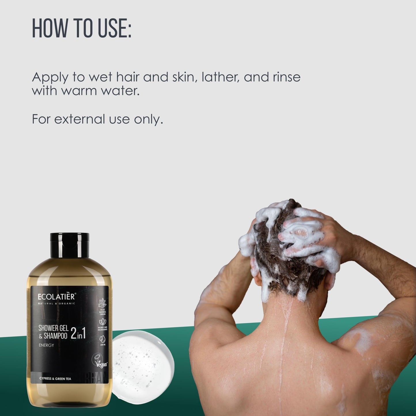 ECOLATIÈR 2-in-1 Body Wash Men & Shampoo Men - Energy Boost, 97.5% Natural Ingredients, Vegan, Natural Body Wash & Hair Cleanser, 20.3 Fl Oz