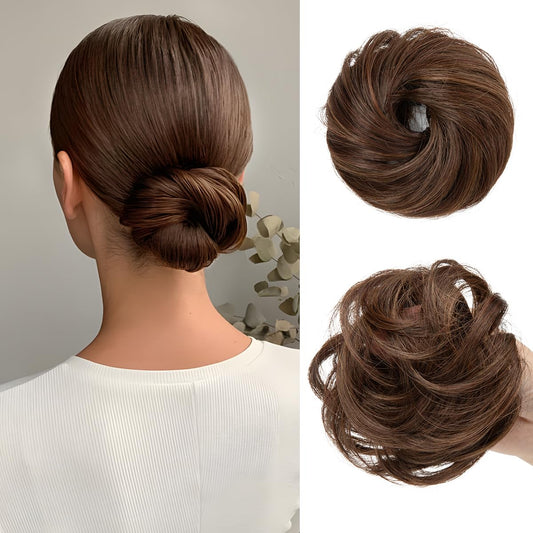 CJL HAIR 2PCs Small Cute Messy Bun Hair Piece for Thin Hair Women Girl Mini Synthetic Curly Bun Scrunchies Updo Hairpieces for Kids Chocolate Multi