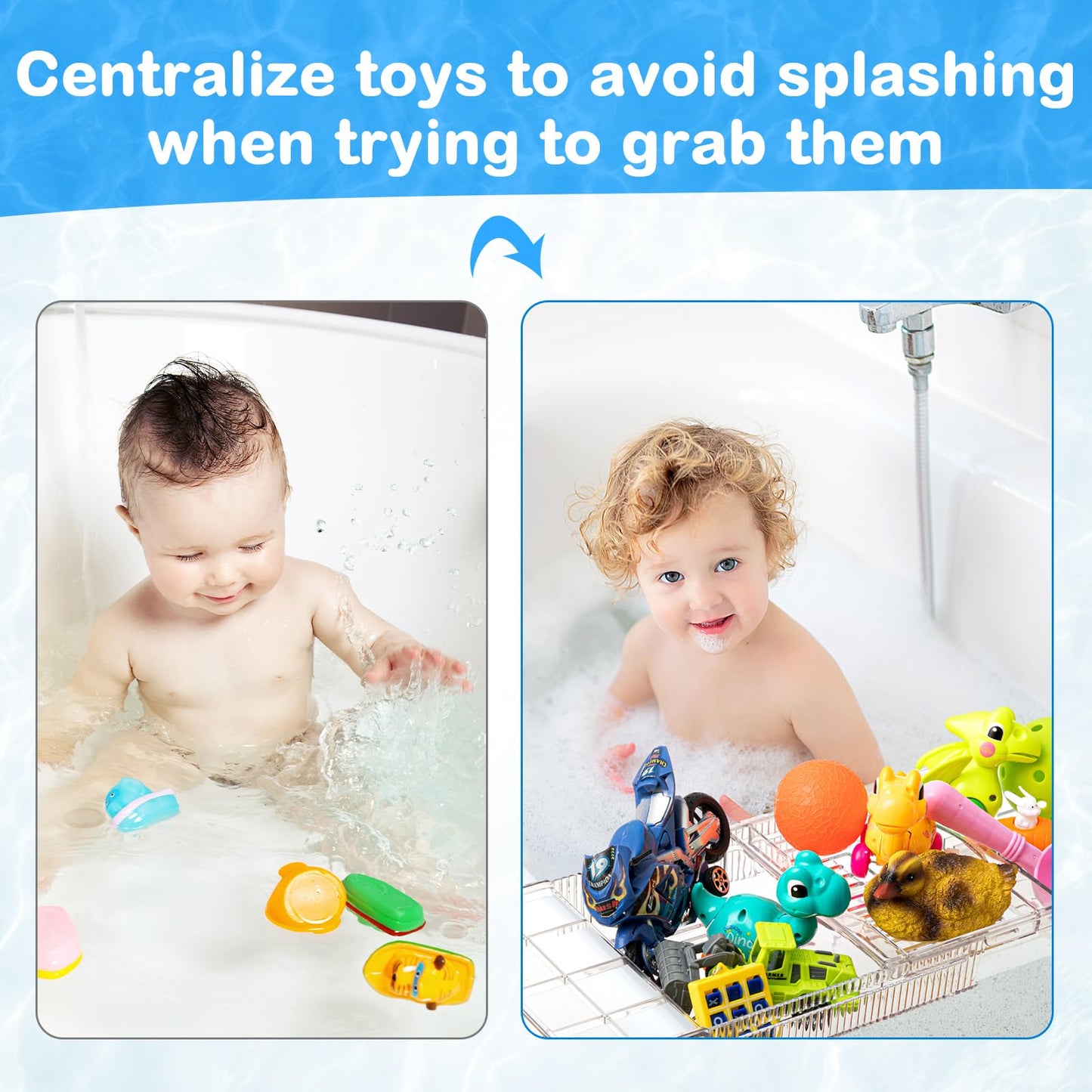 Honeydak Expandable Bath Toys Organizer Bath Toy Storage Basket Clear Acrylic Bathtub Tray with 3 Compartment Horizontal Large Openings Bath Toy Caddy Shelf Holder for Bathtub Toy Storage