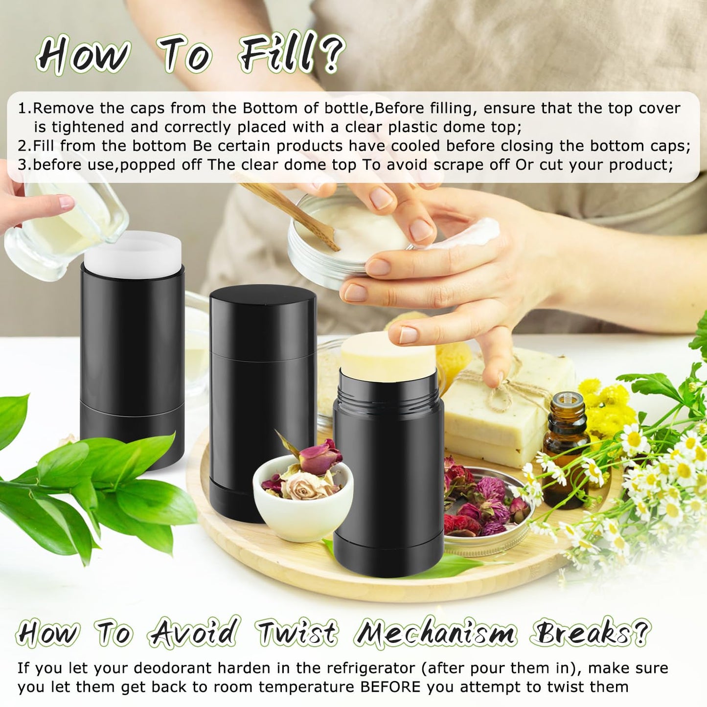 DMuuuDM 12 Pack 2.5 oz/75ml Plastic Deodorant Container,Empty Round Twist-Up Bottom Filling Stick Tube for Deodorant,Solid Lotion Bar,Body Balm,Soap Stick,Sunscreen-UPSIDE DOWN FILLING (Black)