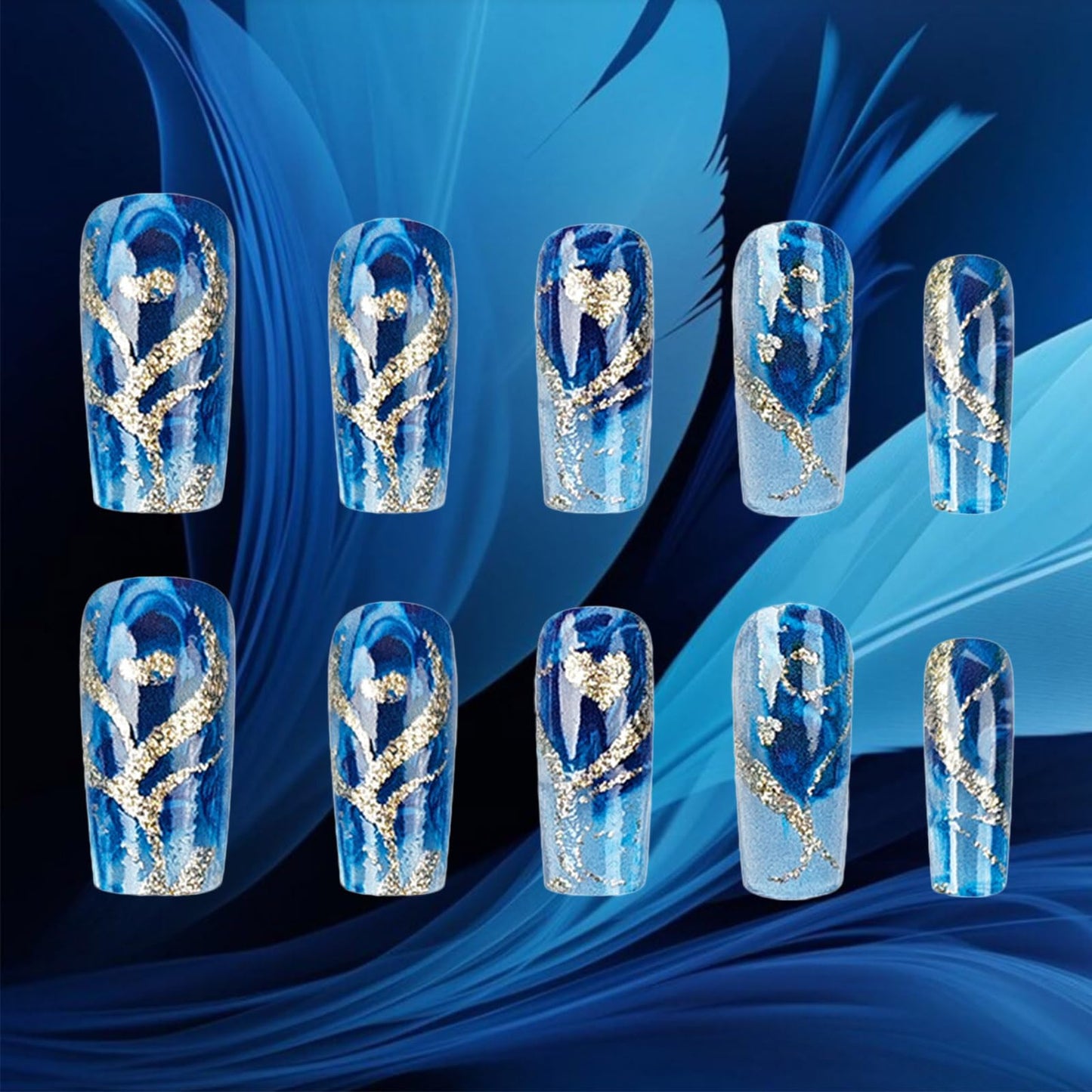 24Pcs Gold Curve Line Press on Nails Sea Acrylic Fake Nail Glossy Blue Gradient Medium Square False Nails Love Heart Stick on Fingernails Seaweed Gel Glue on Nail for Coquette Women Girls