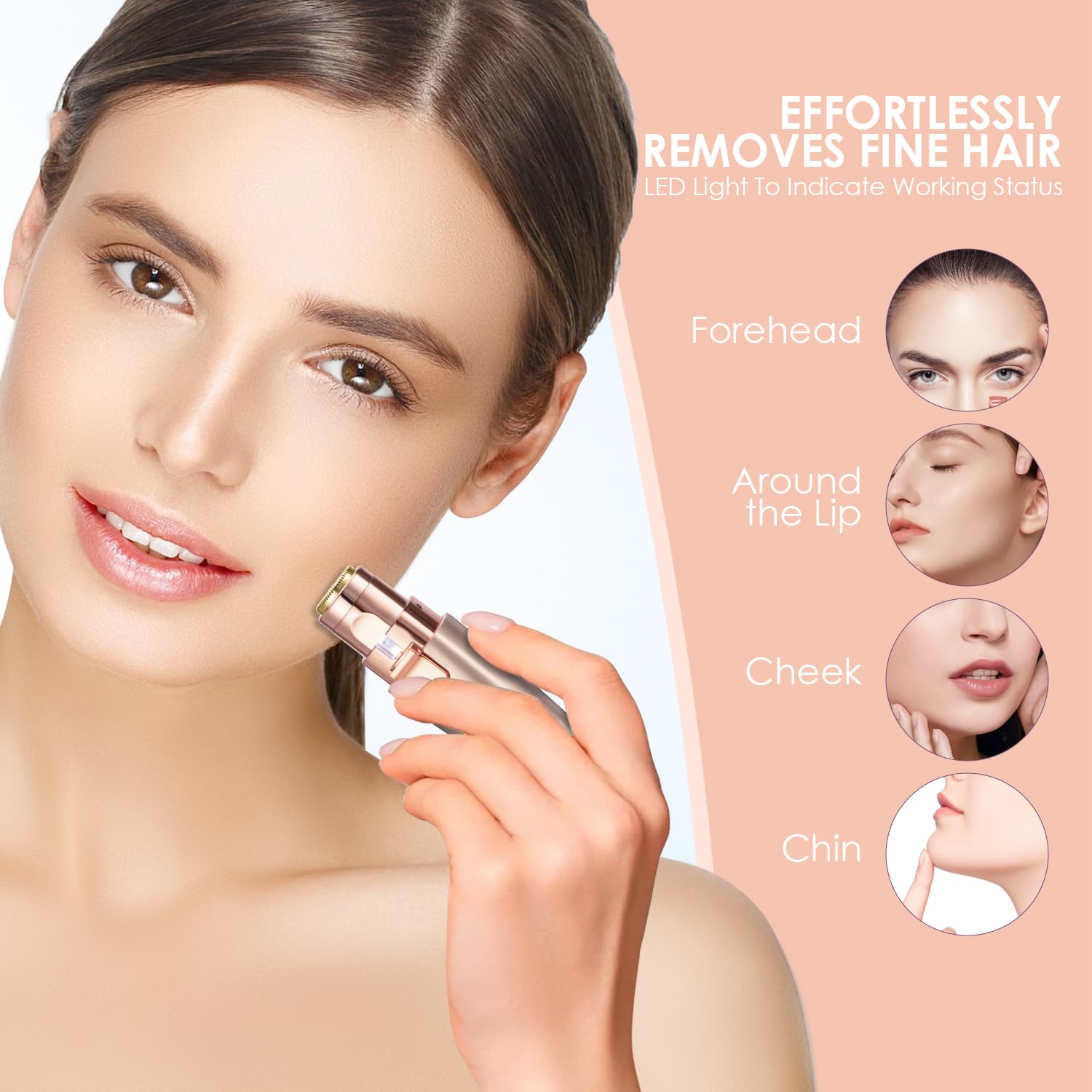 VG VOGCREST Eyebrow Facial Trimmer: 2 in1 Rechargeable Facial Hair Removal and Eyebrow Shaver - Face Lips Body Painless Facial Razor with Built-in LED Light (Rose Gold)
