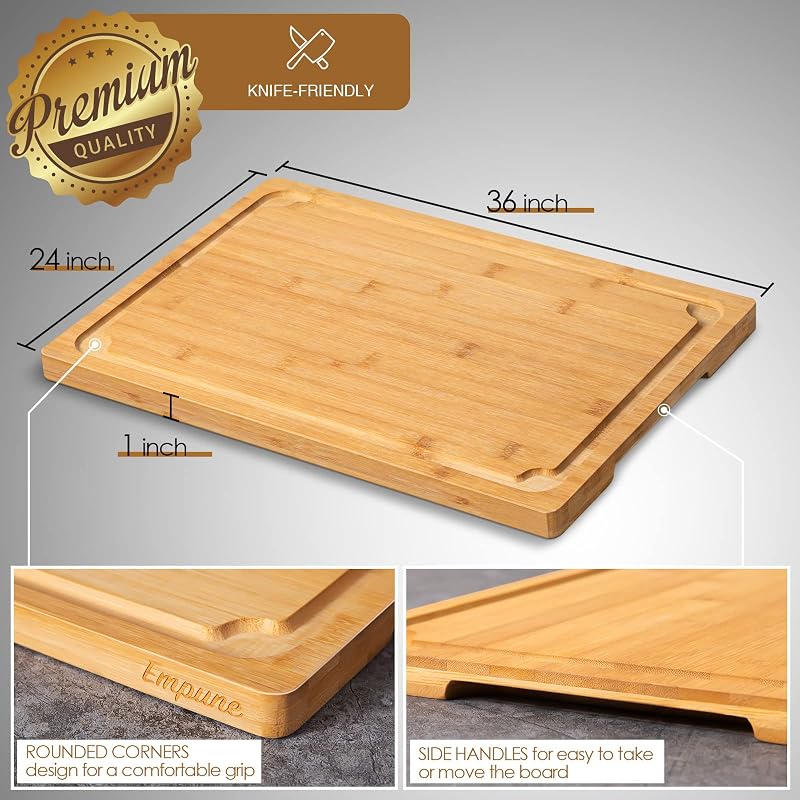 Empune 36" x 24" Bamboo Cutting Board with Juice Groove & Handles - Large Kitchen Serving/Prep Board