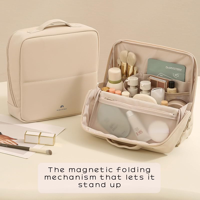 Foldable Magnetic Standing Makeup Bag 9x9x3.5in - Light Pink (Variation: 01Light Pink)
