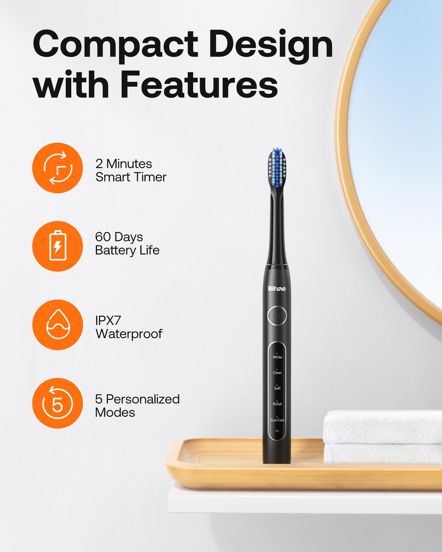 Bitvae ADA Accepted Electric Toothbrush, Travel Toothbrush Rechargeable for Adults and Kids, 60-Day Battery, 5 Modes, 8 Heads, Portable Travel Case & Holder, Shadow Black