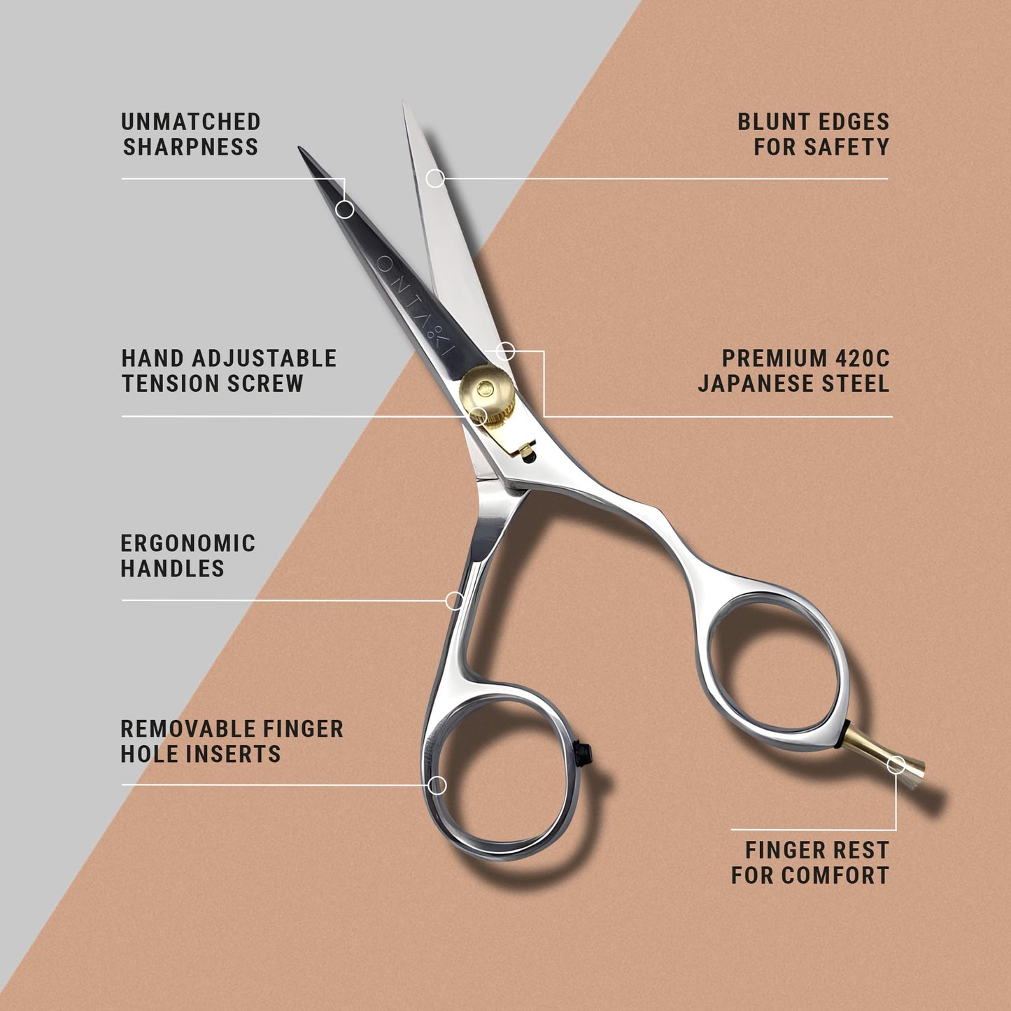 Ontaki Hair Scissors for Beard & Mustache - 5.5" 420C Japanese Steel, Silver, Right Hand - Hand-Forged Hair Cutting Scissors with Ergonomic Handles - Includes Beard Comb with Handle & PU Leather Pouch