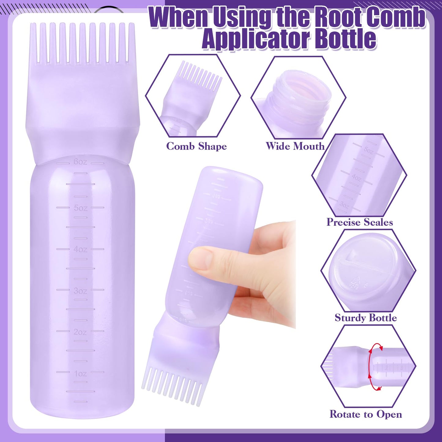 ProSuites Hair Oil Applicator Bottle with 3PCS Pointed Mouth Cover 6 Ounce Hair Dye Bottle Root Comb Applicator for Scalp (Purple)