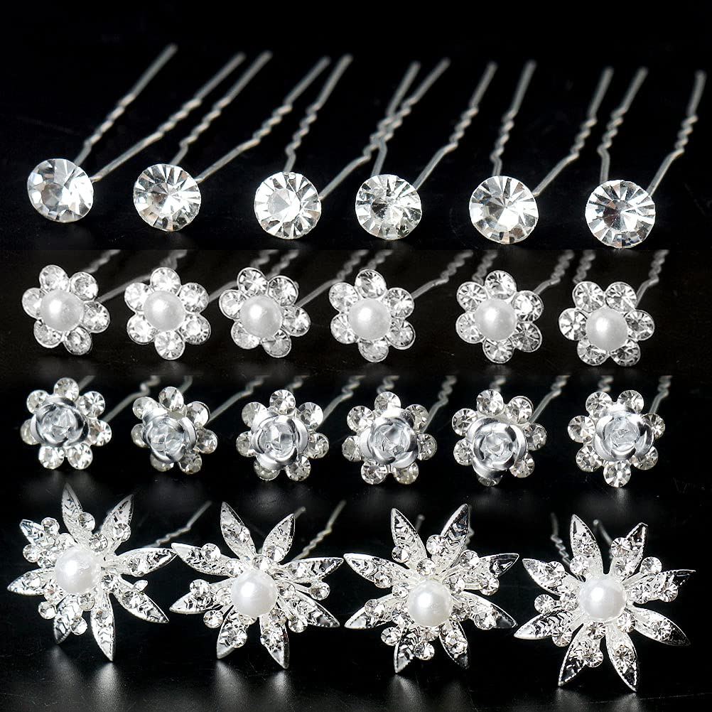 40 Pieces Bridal Hair Pins, Clips and Barrettes with Crystal Pearl Flowers, Women's Proms Hair Jewelry Accessories, Gift Stocking Stuffers for Girls