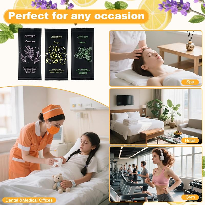 Moist Towelettes 60 Count with Lavender, Lemon & Mint – Individually Wrapped Cotton Towels