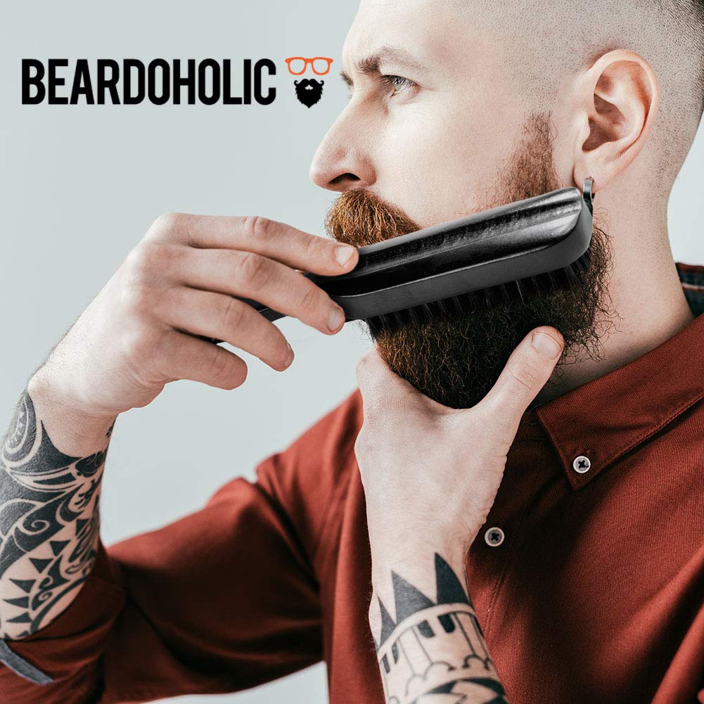 Beardoholic Beard Brush Black - 100% Boar Bristles and Durable Bamboo Handle - Removes Tangles, Beard Dandruff, Ingrown Hairs and Detangles Loose Hairs with Ease - Long Lasting