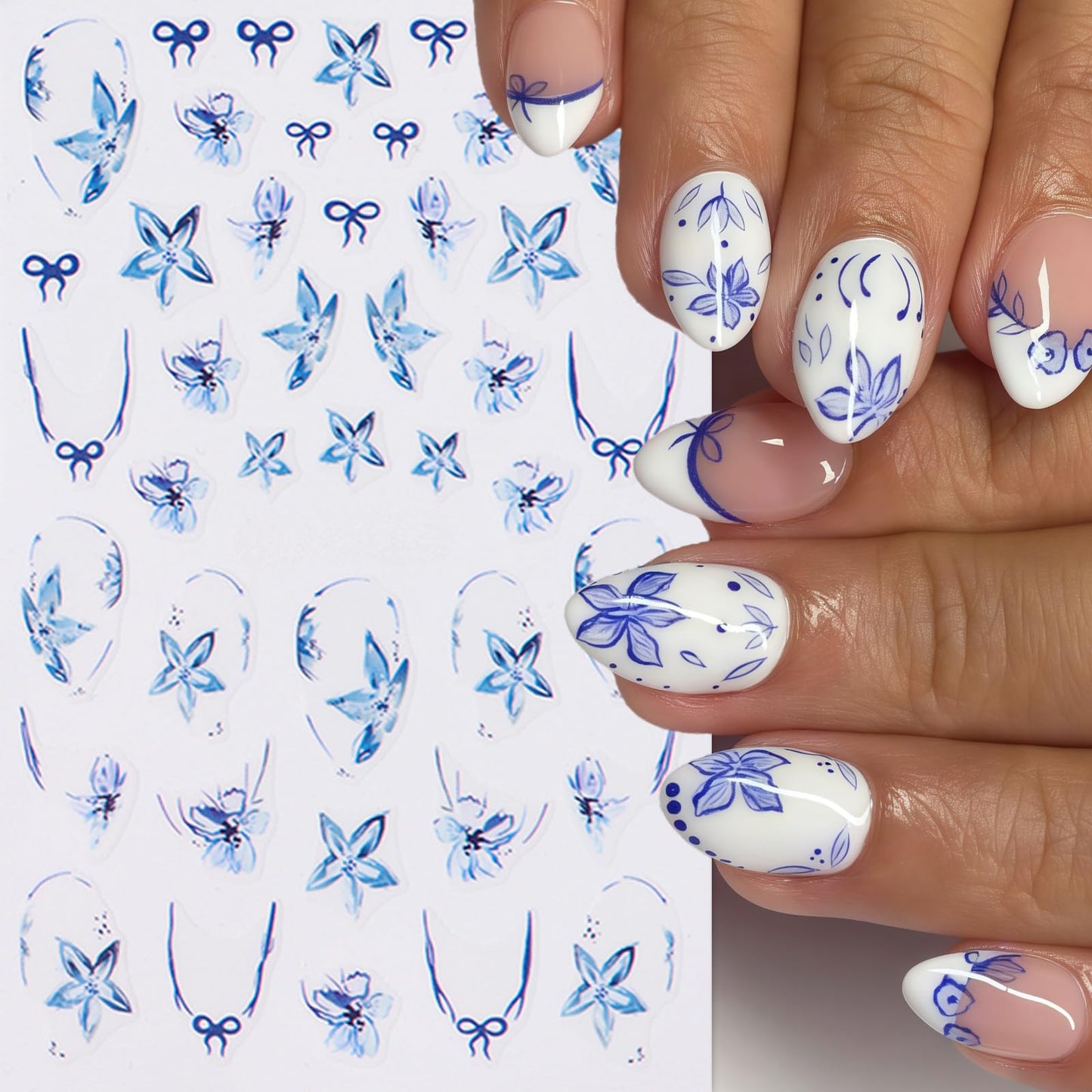 8Sheets Flower Nail Stickers for Nail Art Blue Bow French Line Nail Decals 3D Self-Adhesive Butterfly Leaf Floral Designs Nail Supplies Manicure Accessories for Spring Summer DIY Nails Art Decoration