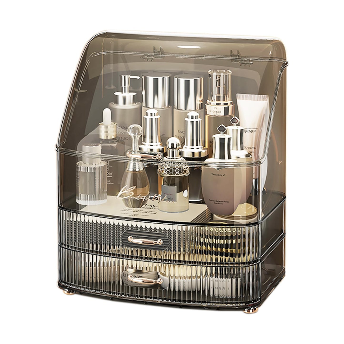 Plukers Makeup Organizer Countertop Vanity with Transparent Lid Drawers Waterproof Dustproof Cosmetic Skincare Bathroom Storage Gift for Women Teens Girls (Clear Black)