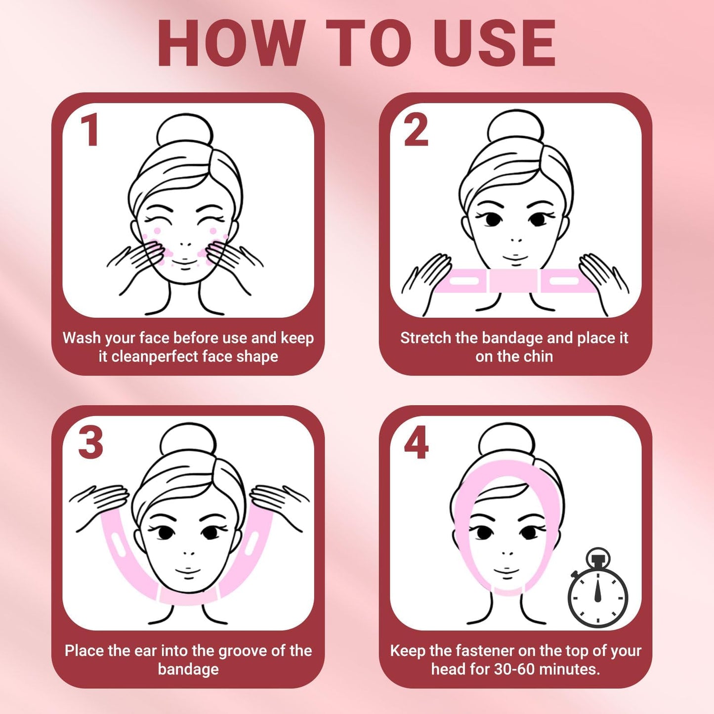 Juskaa Reusable V Line Lifting Mask with Chin Strap for Sleeping,Face Lift Prevent Sagging, Jaw Exerciser,Light Pink,M