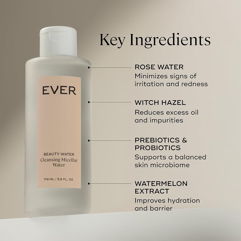 Micellar Water Cleanser with Rose Water & Prebiotics – Eye & Face Makeup Remover 5.9 fl oz