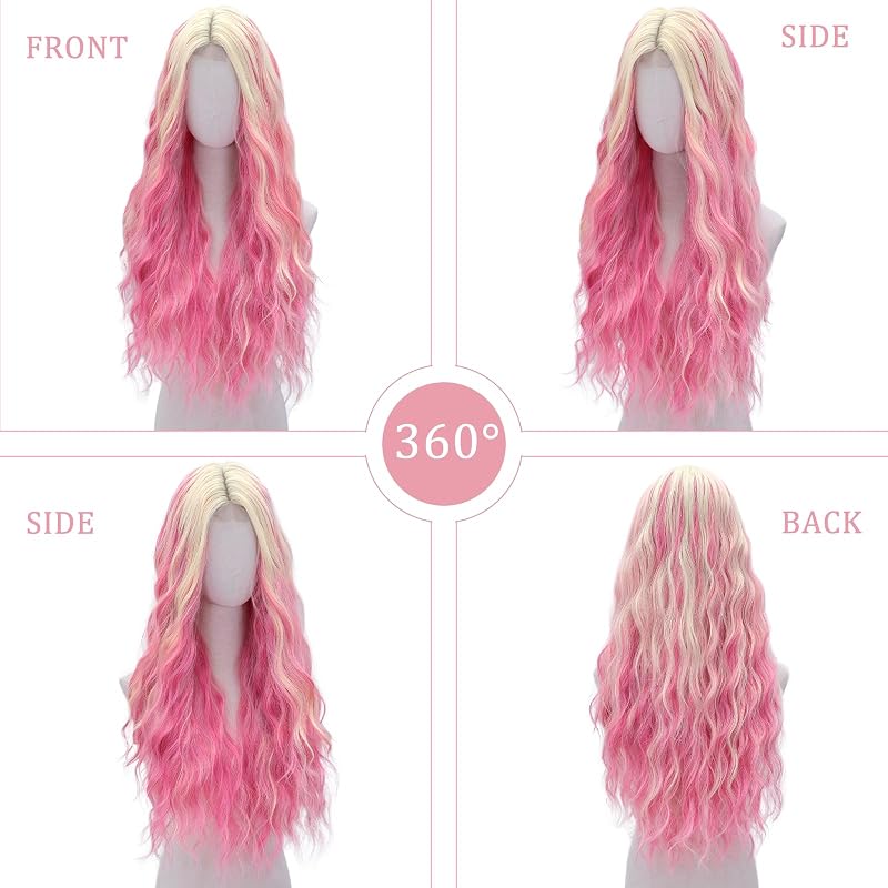 Pink Blonde 28 Inch Wavy Lace Front Wig - Long Synthetic Hair for Women, Variation: Pink Blonde+28 Inch