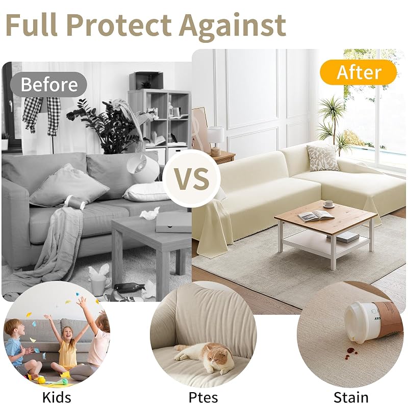 Beige XX-Large 2-Piece L-Shape Chenille Couch Cover Set for Sectional