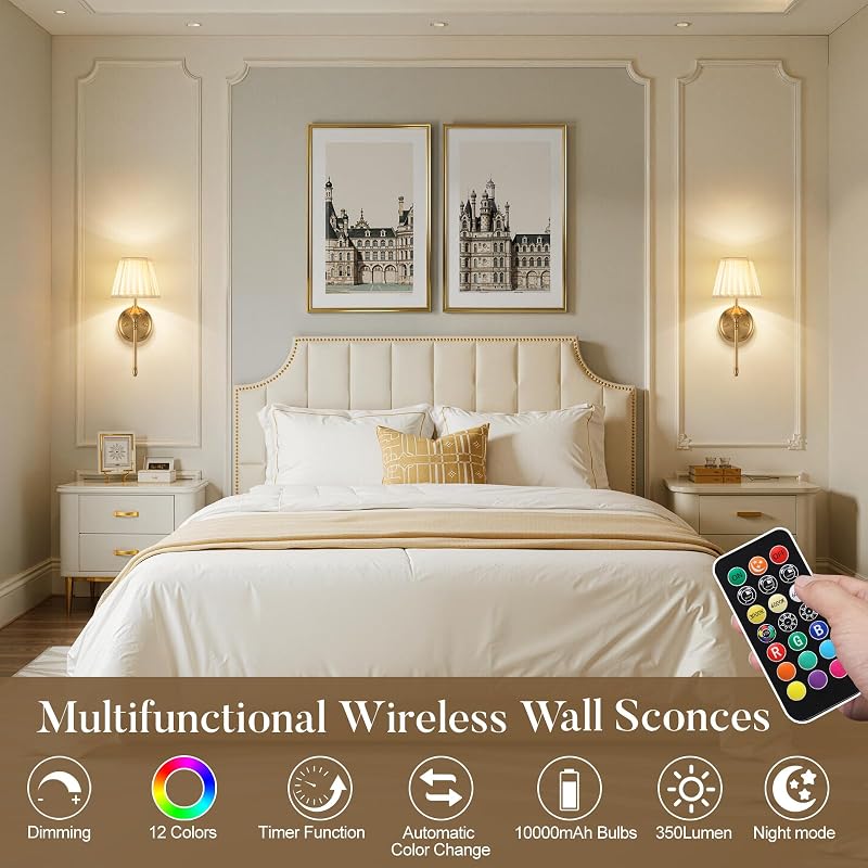 Battery Operated Wall Sconces - 2 Pack with Dimmable LED, Remote, 10000mAh, 3000K-6000K (Dull Bronze)