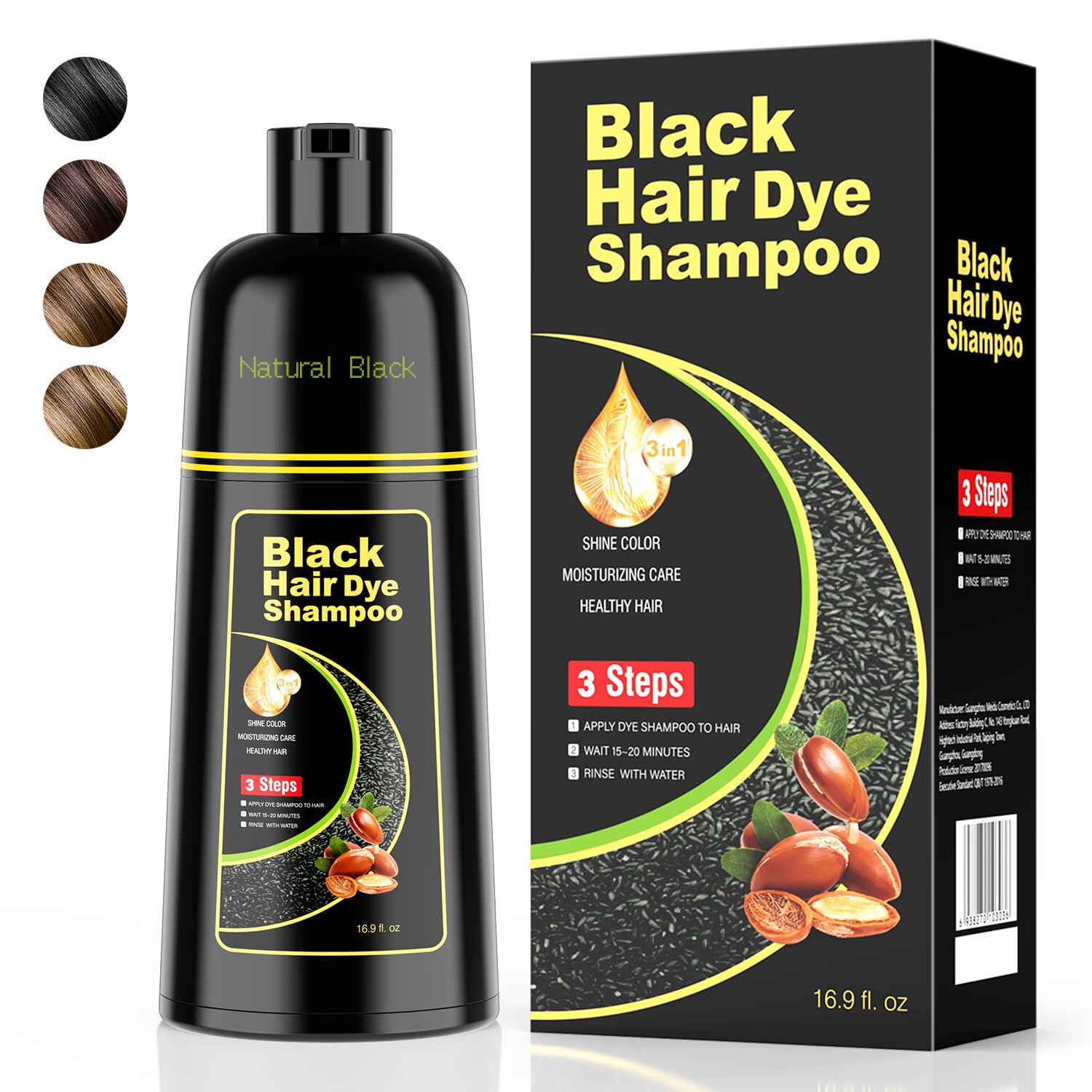 Black Hair Dye Shampoo 3 in 1，Argan Herbal Hair Color Shampoo Covers Gray Hair for Women and Men (16.9 fl.oz Black)