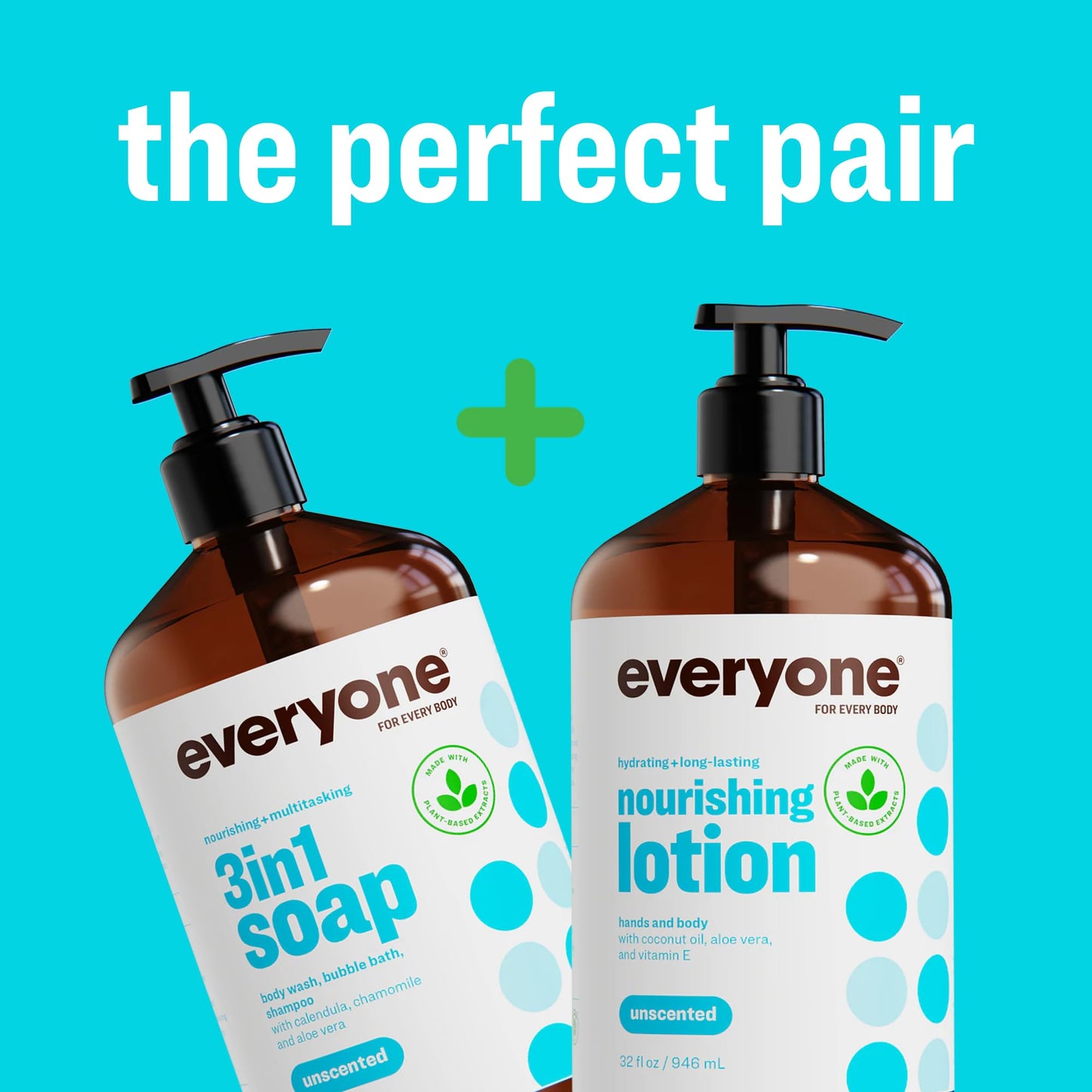 Everyone 3-in-1 Soap, Body Wash, Bubble Bath, Shampoo, 32 Ounce (Pack of 2), Unscented, made for Men and Women