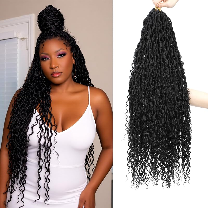 30 Inch Goddess Faux Locs Crochet Hair 8 Packs Pre-Looped River Locs with Curly Ends - Variation 1B+30 Inch