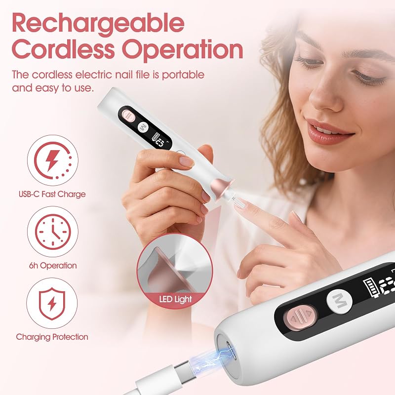 Cordless Electric Nail Drill with 10 Attachments - Manicure & Pedicure Kit, USB-C Rechargeable