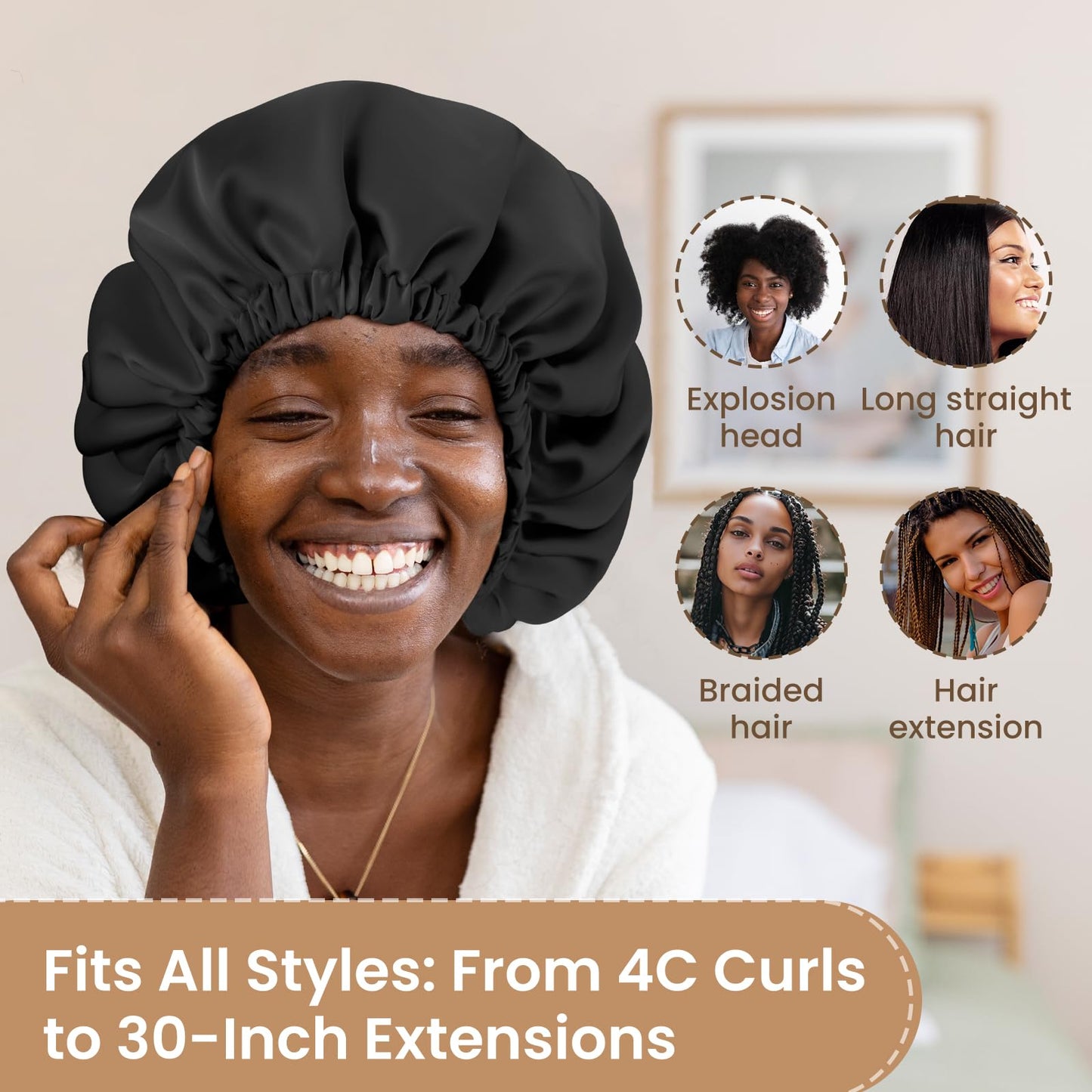 Adjustable Silk Satin Shower Cap - Sleep Hair Protector Prevents Frizz Breakage for Women Curly Natural Hair