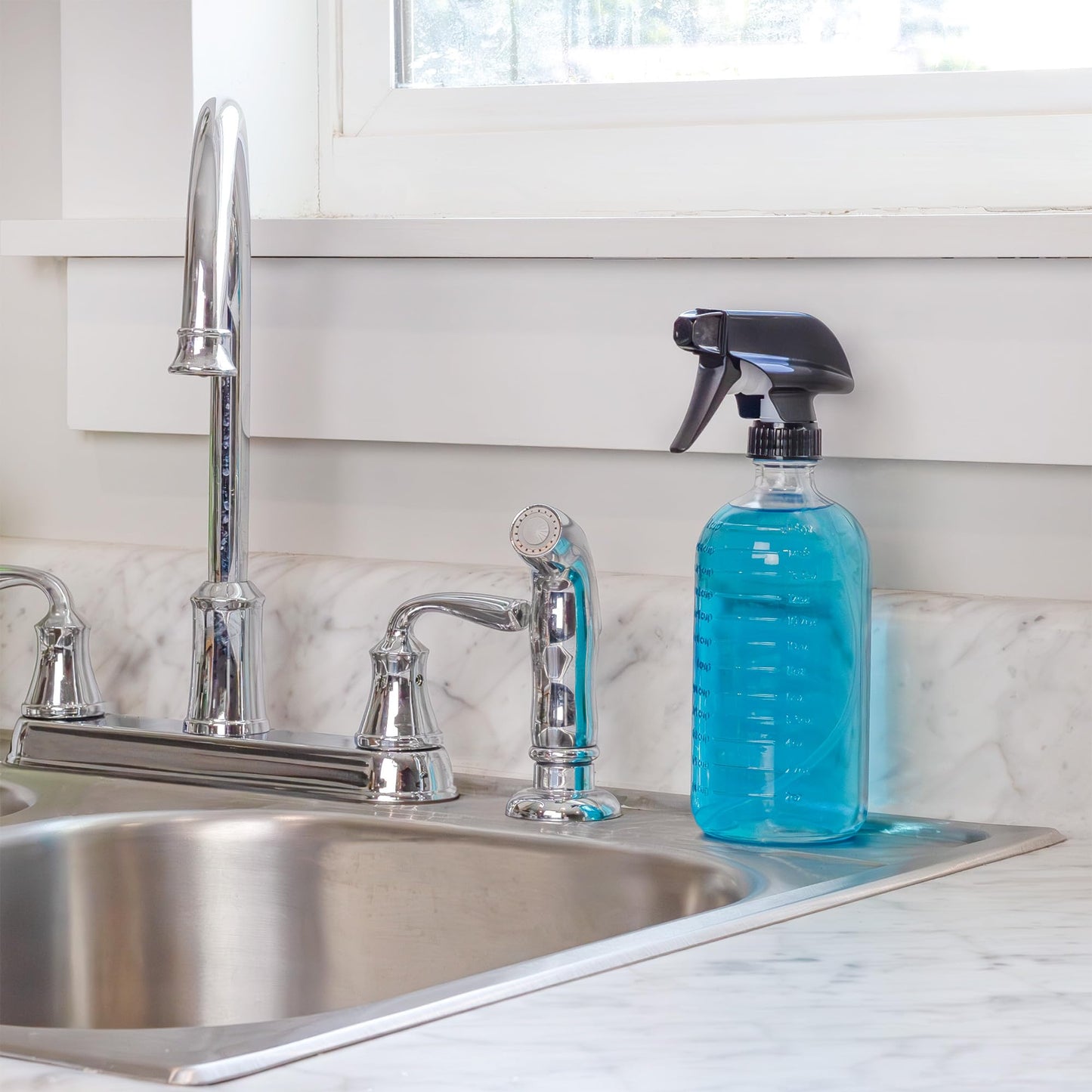 Cornucopia Brands 16-Ounce Clear Glass Spray Bottles with Measurements (Pack of 2) Sprayer Bottle with 3-Setting Heavy Duty Sprayers for Mist, Stream, OFF