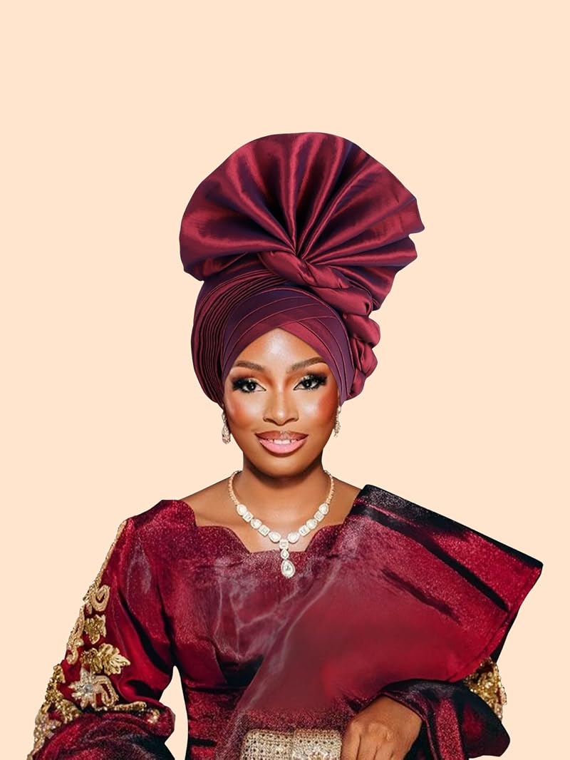 African Auto Gele Head Wrap Turban Cap for Weddings - 100% Raw Silk, Burgundy