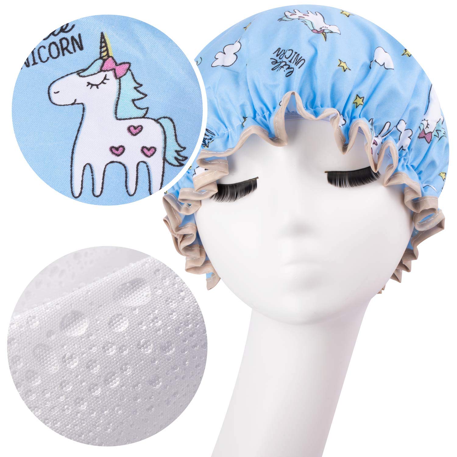 Unicorn Shower Caps for Long/Thick Hair, Cute Hair Cover for Women and Girl, Waterproof Bath Hat, Double Layer Bonnet