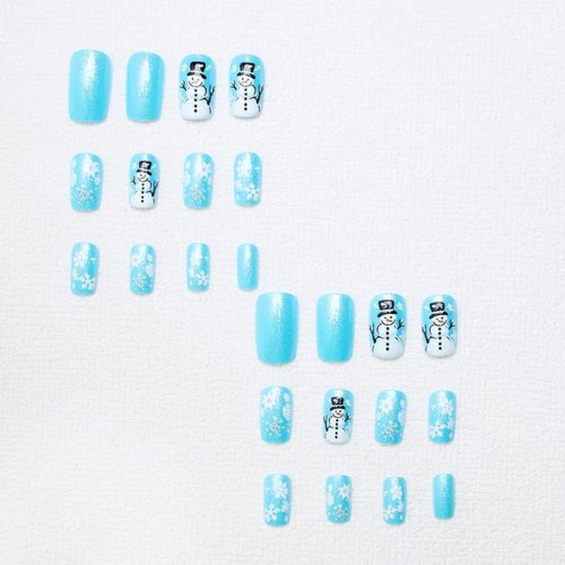 Christmas Press on Nails Short Square Blue Glitter Fake Nails with Snowflake ＆ Snowman Designs Cute Xmas Winter Acrylic Nails Full Cover False Nails Stick on Nails for Women Women Nail Art DIY 24 Pcs