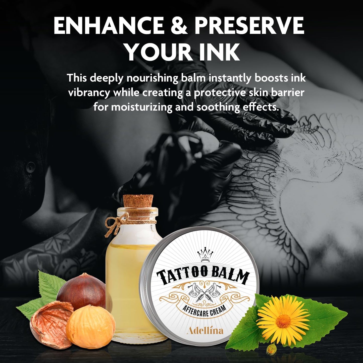 Natural Tattoo Aftercare for Color Enhancement: Tattoo Balm for New and Old Tattoos Care - Healing Soothing and Moisturizing with 100% Organic and Vegan Ingredients 5.3 OZ