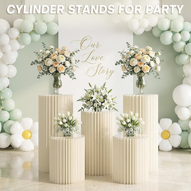 Youjoitim 5-Pack White Cylinder Pedestals Stands, 15.7/23.6/31.5 Inch Height, Foldable Cardboard Display Columns