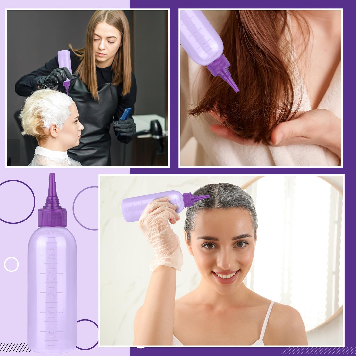 ProSuites Hair Oil Applicator Bottle with 3PCS Pointed Mouth Cover 6 Ounce Hair Dye Bottle Root Comb Applicator for Scalp (Purple)