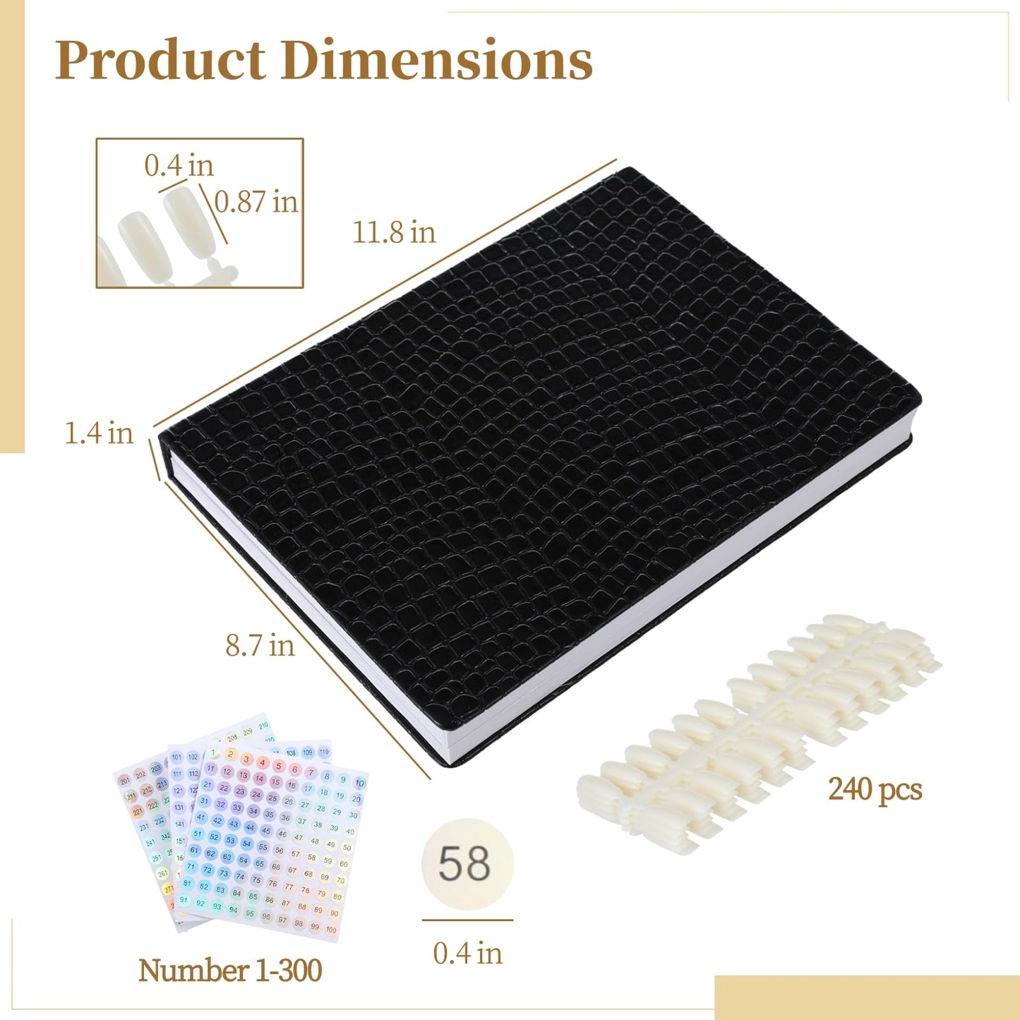 216 Nail Colors Display Book, Nail Gel Polish Organizer Book, Waterproof Textured PU Leather Nail Color Chart with 240 False Nail Tips & 1-300 Numbered Stickers for Nail Art Salons, DIY Nail Design