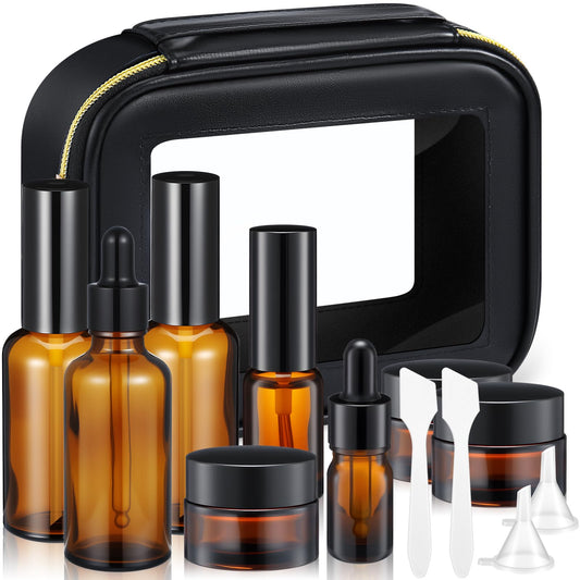 Jingmore 13 Pcs Glass Skincare Travel Containers Mini Makeup Containers Travel Size Toiletries Bottles with Pump Spray and PU Leather Toiletry Bag for Liquid Serum Cream Moisturizers Oils(Brown)