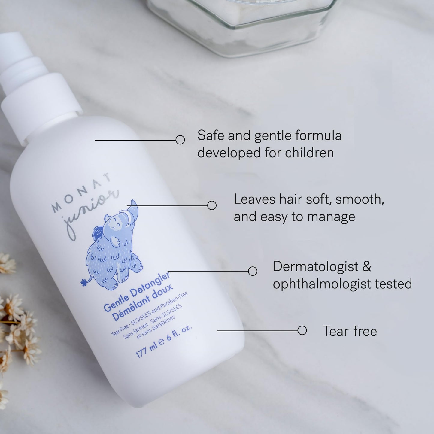 MONAT Junior™ Gentle Detangler - Safe and tear free Hair Detangler Spray for children. All Natural Tear-free, Sulfate & Paraben-free- Net Wt. 177 ml e / 6 fl. Oz.