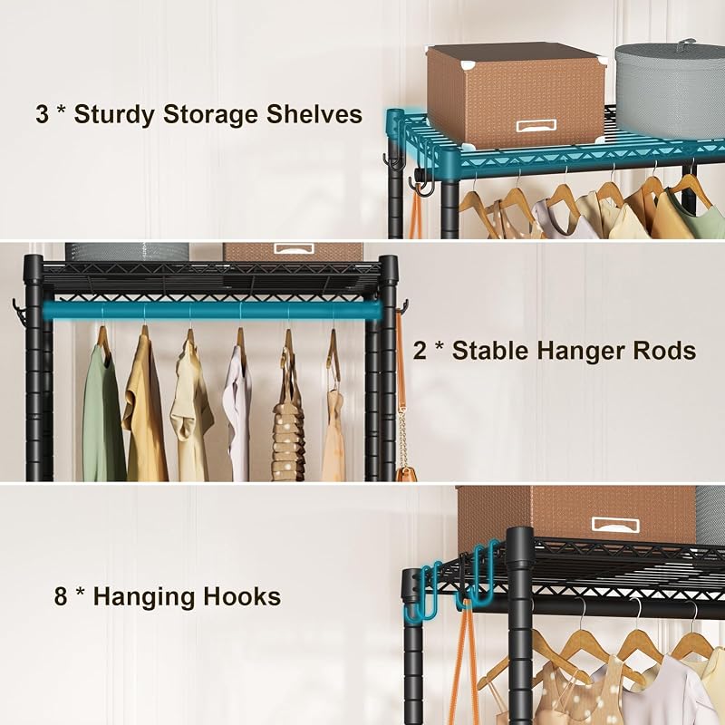 FUTASSI P3 Mini Heavy-Duty Rolling Clothes Rack – 3-Tier Adjustable Garment Rods, 430 lb Capacity, Black