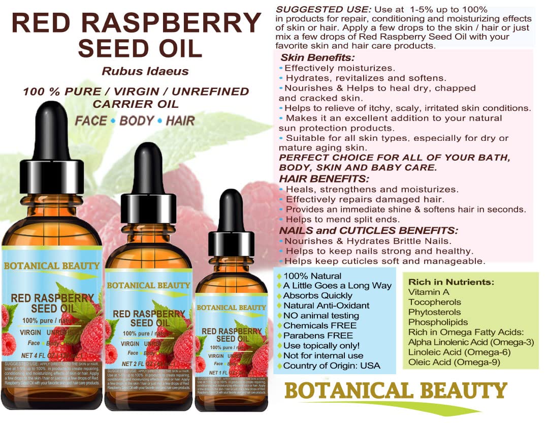 Botanical Beauty RED RASPBERRY SEED OIL 100% Pure Natural Virgin Unrefined Undiluted Cold Pressed Carrier Oil for Face, Skin, Hair, Body, Nails. Rich in Vitamin C, Vitamin E (4 Fl Oz)