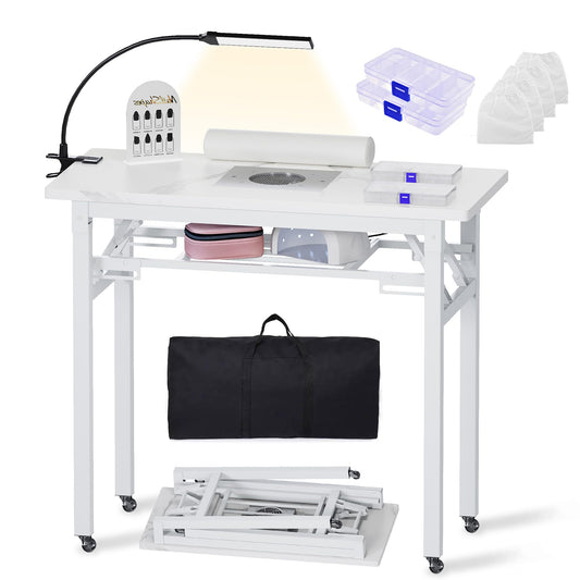 Portable & Foldable Manicure Table w/Dust Collector, Rolling Nail Tech Desk w/LED Light Lamp, Wrist Cushion, Lockable Wheels, Carrying Case, for Home Travel Beauty Salon Workstation (Marble White)