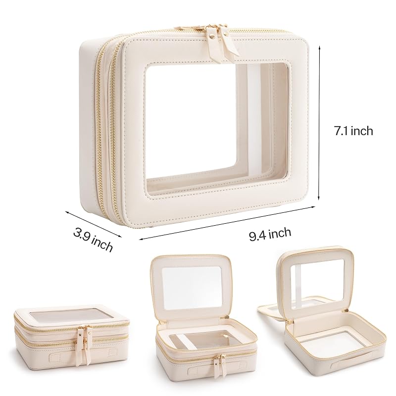 Aveniee Off-White Dual Layer Large Clear Makeup Bag - Double-Sided Train Case