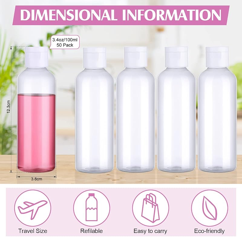 50 Pcs 3.4 oz Clear Travel Bottles with Flip Cap – Leakproof PET Containers