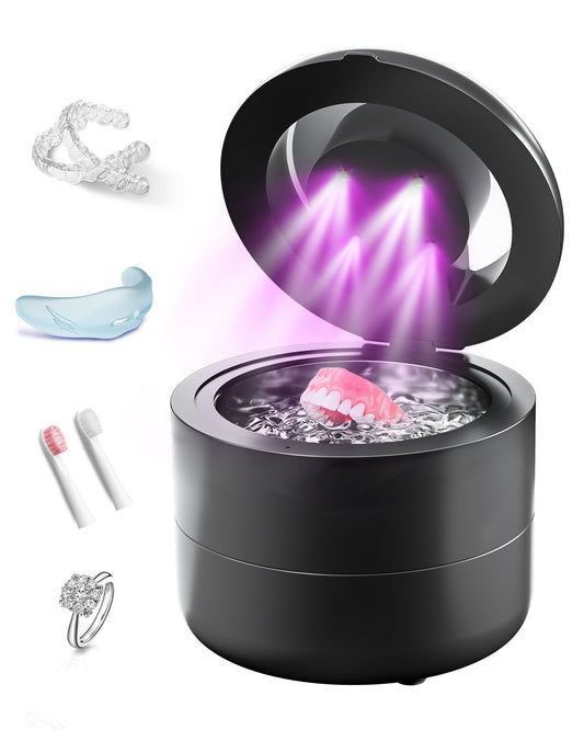 Upgraded Retainer Cleaner Machine, 45kHz Ultrasonic Cleaner as Dentures Cleaner, Mouth Guard Cleaner, Night Guards Cleaner, Aligner Cleaner, Jewelry Cleaner, Ring Cleaner (Black)