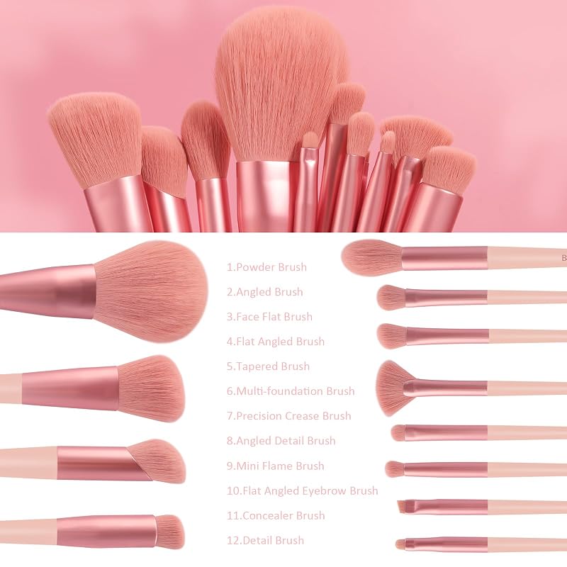 12-Pink Banidy Makeup Brush Set with Storage Bag – Vegan Synthetic Hair, Complete Kit for Eyes, Face, Concealer & Foundation