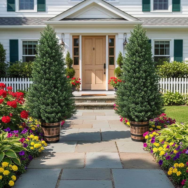 4FT Set of Artificial Cedar Topiary Trees in Barrel Planter – Outdoor/Indoor Faux Pine Shrubs