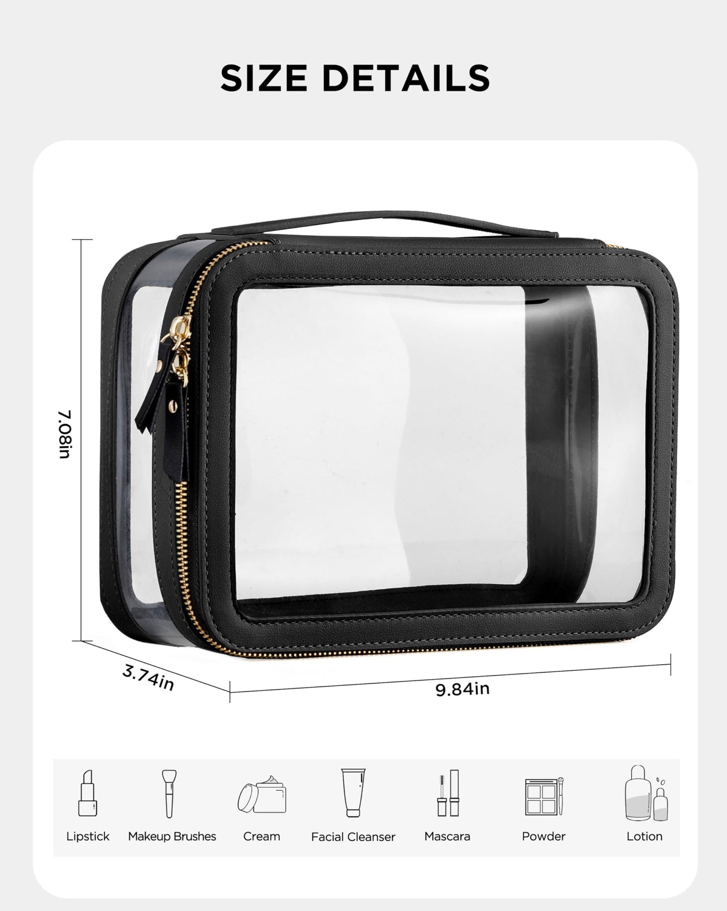 Vorey Large Clear Makeup Bag for Women, Portable Travel Makeup Bag Organizer Waterproof Toiletry Bag Cute Makeup Bags Cosmetic Bag Makeup Pouch, Black