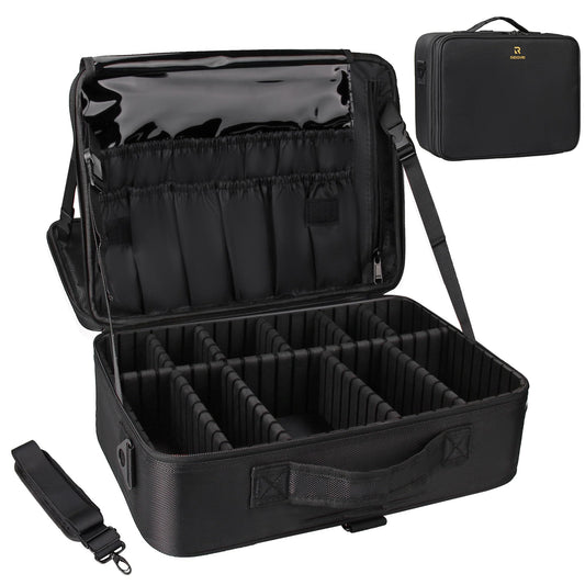 MONSTINA 16.5'' Large Capacity Makeup Case 3 Layers Cosmetic Organizer Brush Bag Barber Train Case Makeup Artist Box for Hair Curler Hair Straightener Brush Set and Cosmetics