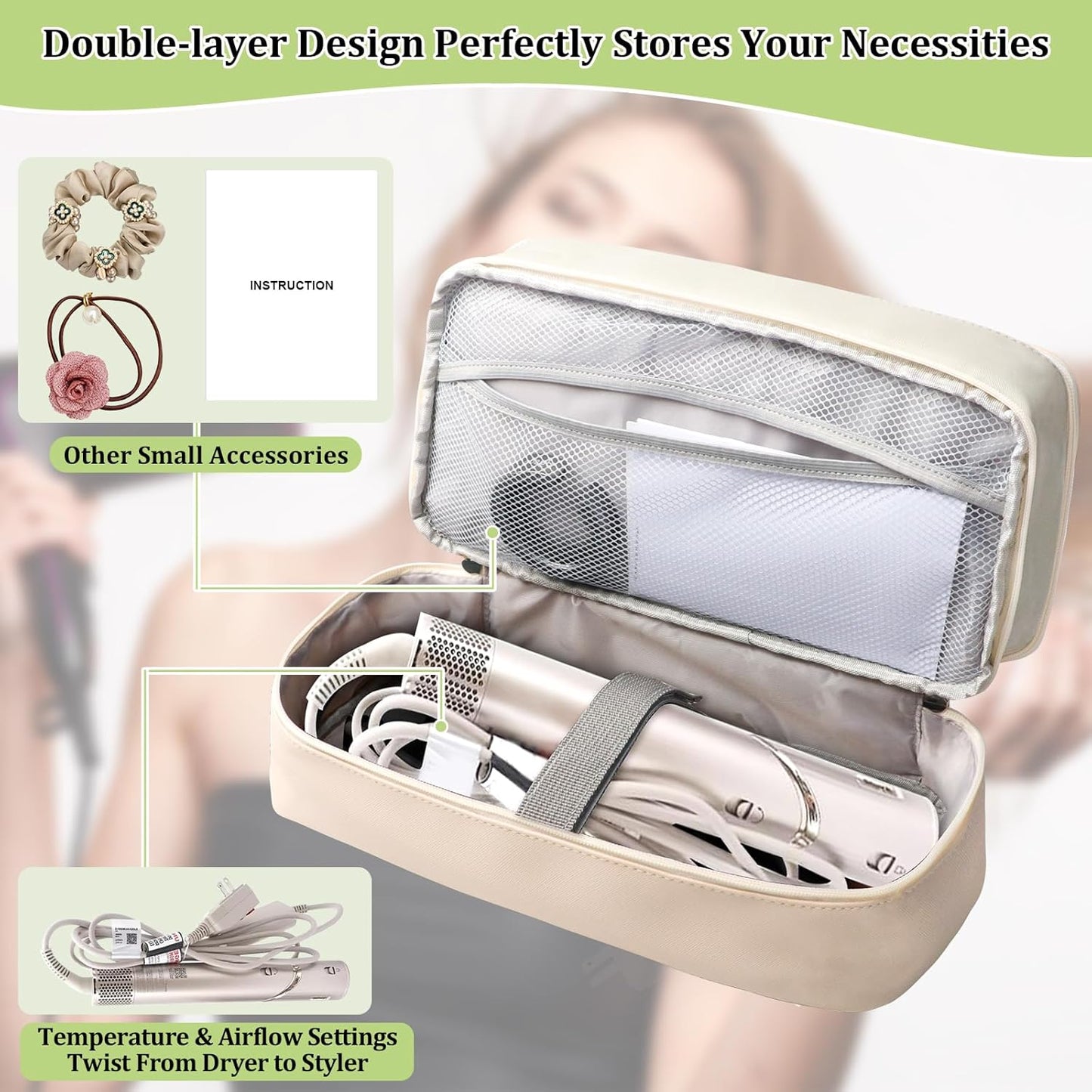 Shark Flex Style Travel Case - Double Layer Waterproof Organizer for Hair Dryer Attachments (Dianthus White)